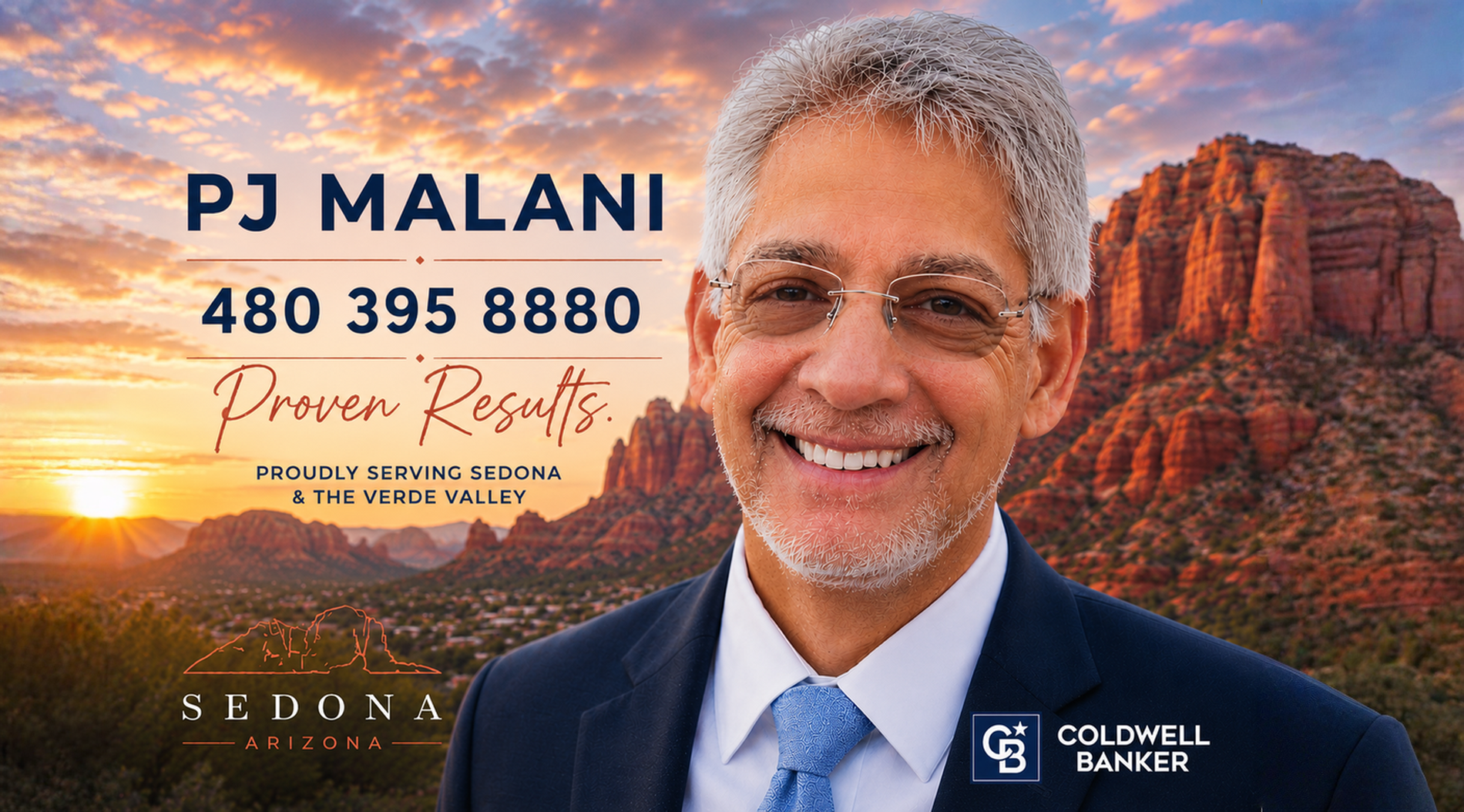 PJ Malani against a Sedona sunset, with his full supplied profile artwork