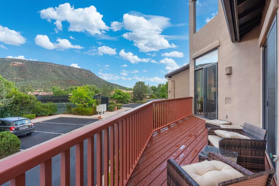 Terrace seating and hillside views