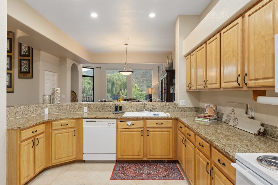 The kitchen opening toward the living spaces