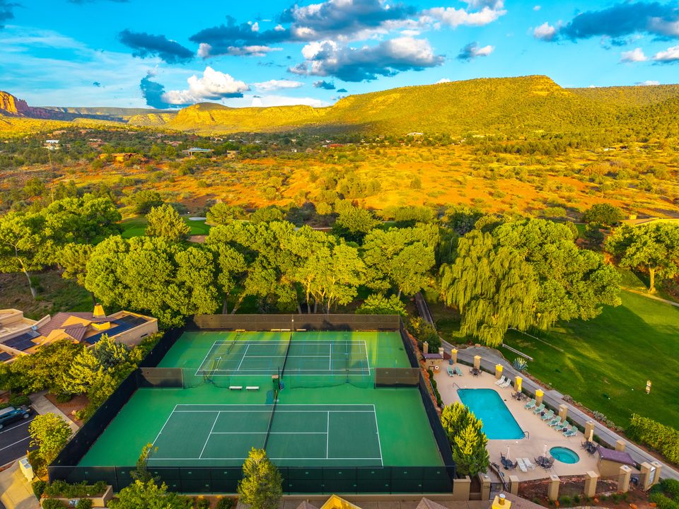The community’s pool and courts · Aerial photograph