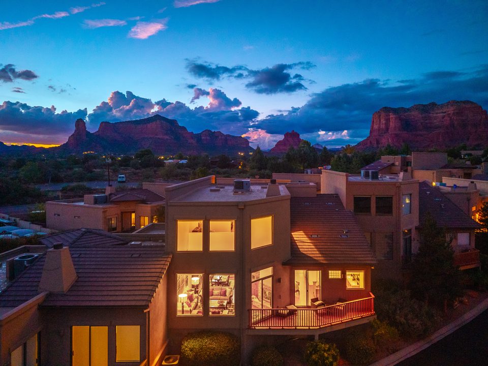 The home at twilight · Aerial photograph