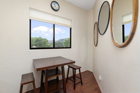 A quiet upstairs nook with hillside views